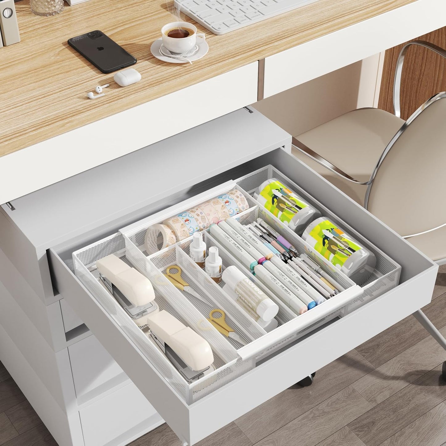 Silverware Organizer Metal Mesh, Drawer Organizer, Utensil Cutlery Tray for kitchen drawers,Expandable Flatware Organizer with 7 Compartment White 9.4"~17.3" x 13.7"