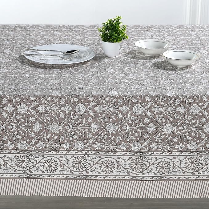 Ridhi Taupe Hand Block Print Cotton Rectangle Tablecloth 118 x 70 inch-Reusable Table Cover Decorative Everyday Use for Dining Room, Farmhouse, Thanksgiving, Christmas Wedding, Fall
