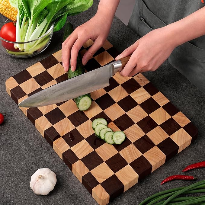 Wooden Cutting Board 15 x 10 in, Wood Checkerboard Chopping Board for Kitchen, Serving Tray Charcuterie Board for Meat, Fruit, Cheese, Bread