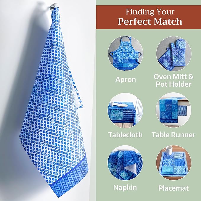 Maison d' Hermine Kitchen Towels Set of 3 100% Cotton 27.50" x 20" Reusable Cloth Tea Dish Towels Absorbent with Hanging Loop for Kitchen, Home, Dining, Cocktail Parties Spring/Summer (Indigo Love)