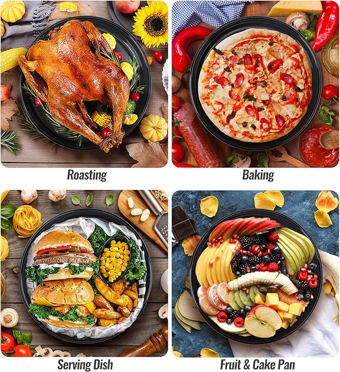 Enamel Baking Pans Set Round Roasting Dish 4-Pack 9/10/12/14 Inch Non-Toxic Non-Stick Carbon Steel Large Bakeware for Cake Bread Pie Pizza Turkey Steak, Oven Dishwasher Safe Thanksgiving Gift Cookware