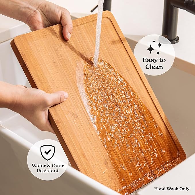 SMIRLY Wood Cutting Boards for Kitchen Wooden Chopping Board Set Reversible with Deep Juice Grooves Grip Handles, Large Charcuterie Tray, New Apartment Essentials, Carbonized Bamboo, 3Pcs with Holder