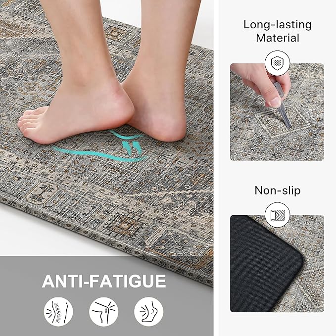 GENIMO Kitchen Mats for Floor, Washable Anti Fatigue Mat for Cushioned, 17.3"x59", Waterproof Kitchen Rugs, Non Slip Foam Comfort Standing Mat Rug for Home, Runner, Sink, Laundry, Lightgrey