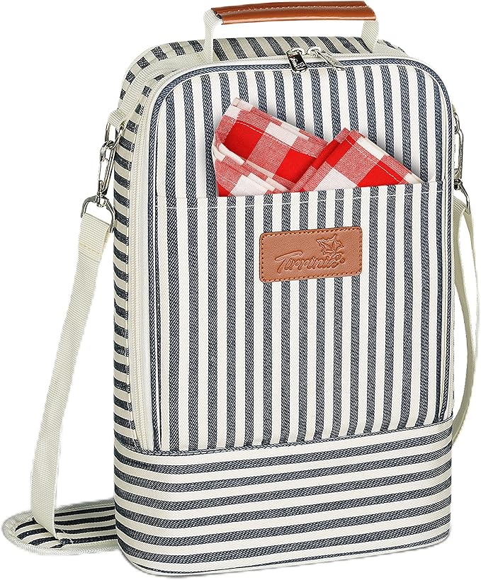 Tirrinia Insulated 2 Bottle Wine Gift Tote Bag - Wine Tumbler Glass Cooler Carrier for BYOB Restaurants, Wine Tasting, Travel, Park, Beach, Great Wine Lover Gift, Blue Stripe