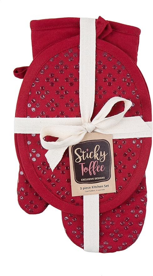 Sticky Toffee Oven Mitt and Pot Holder Set of 3 – Red Non-Slip Silicone Kitchen Hot Pads and Mitts, 100% Cotton Shell, Oeko-Tex Cotton