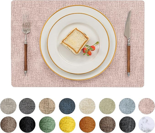 Romanstile Vinyl Placemats Set of 6-12 X 18 Inch - Heat Resistant Place Mats 100% Waterproof Oilproof Wipeable Reversible Faux Leather Table Mats for Kitchen/Dining/Party/Outdoor, Pink