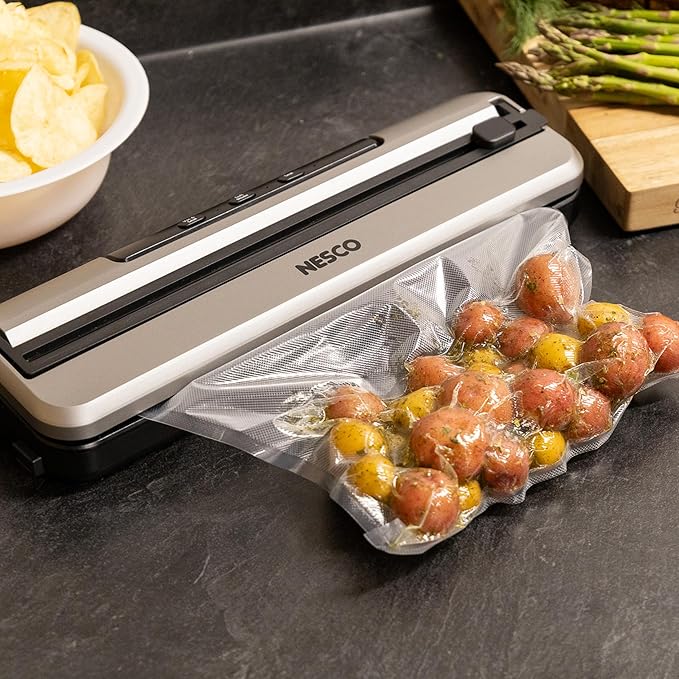NESCO VS-74S Vacuum Sealer Machine – 3 Modes, Built-in Cutter, Soft Vacuum for Fragile Foods, External Canister Port, 20 Vacuum Bags Included, Compact Design