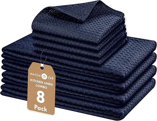 Native Fab 8 Piece Towel & Dish Cloth Set - 100% Cotton, Absorbent, Quick Drying, Durable Towels for Cleaning, Cooking, Baking - Great for Home, Kitchen, Bars & Everyday Use - Navy Blue