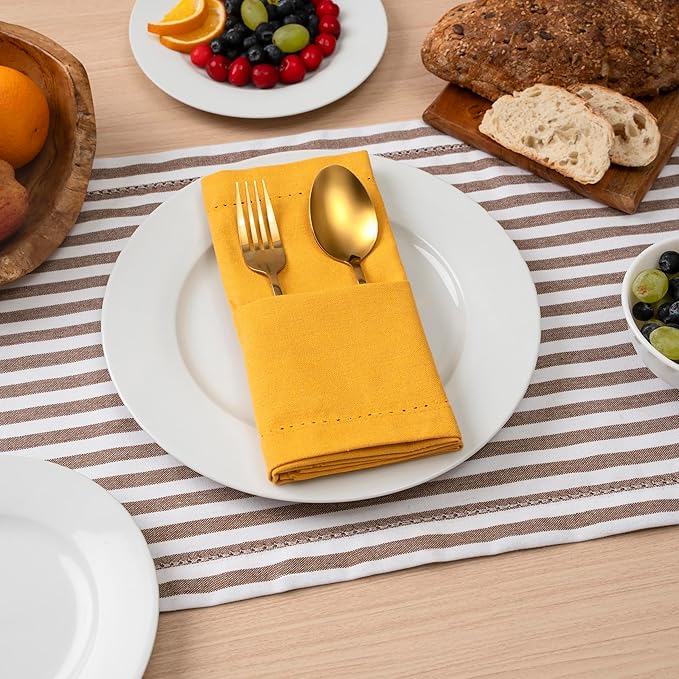 Blue Needles Set of 12 Hemstitch Linen Napkins 100% Cotton Golden Yellow Cloth Dinner Napkins 18x18 inches, Soft Reusable Absorbent Washable, Ideal for Fall Thanksgiving Events, Parties & Everyday Use