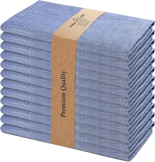 Urban Villa Cloth Napkins 100% Cotton Slub Absorbent Dinner Napkins (Set of 12) Oversized 20x20 Inches Blue White Chambray Soft Durable Reusable Washable Ideal for Everyday Use Premium Quality