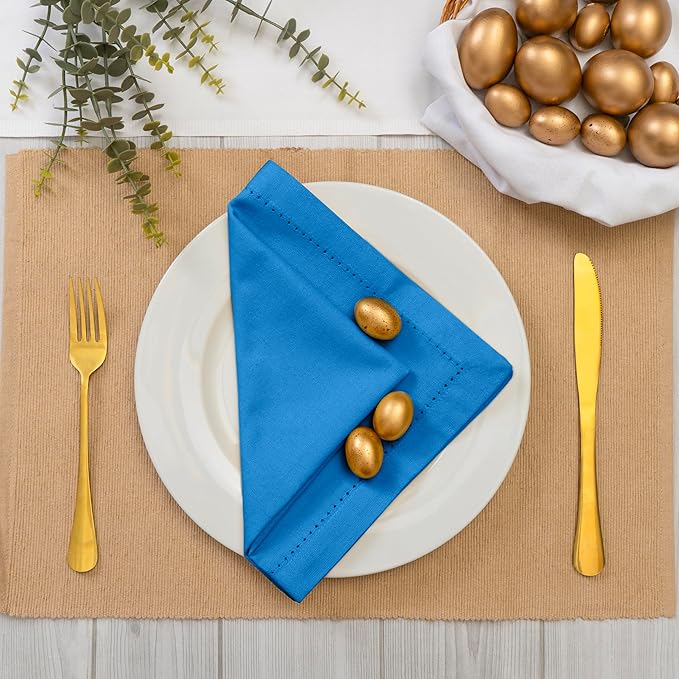Blue Needles Set of 12 Hemstitch Linen Napkins 100% Cotton Royal Blue Cloth Dinner Napkins 18x18 inches, Soft, Reusable, Absorbent, Washable, Ideal for Fall Thanksgiving Events, Parties & Everyday Use