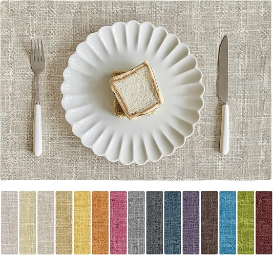 Softalker Faux Linen Placemats Set of 4-12 x 18 Inch, Heat Resistant Double Layered Durable Burlap Farmhouse Place Mats, Non-Slip Washable Rustic Table Mats for Dining, Kitchen, Party（Beige