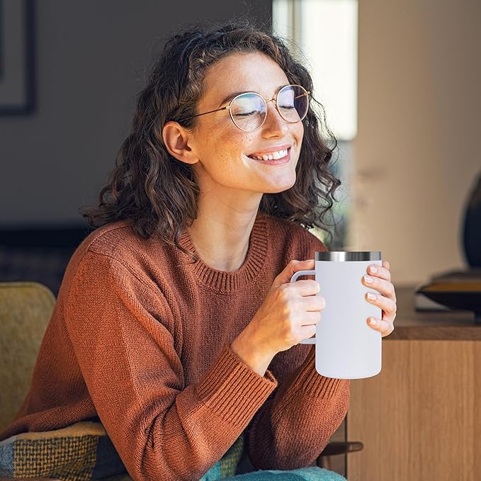 DOMICARE 24oz Mug with Handle and Lid, Stainless Steel Coffee Mug, Reusable Insulated Cup, Travel Mug with Handle, Double Wall Vacuum Coffee Tumbler for Men and Women, White, Pack 1