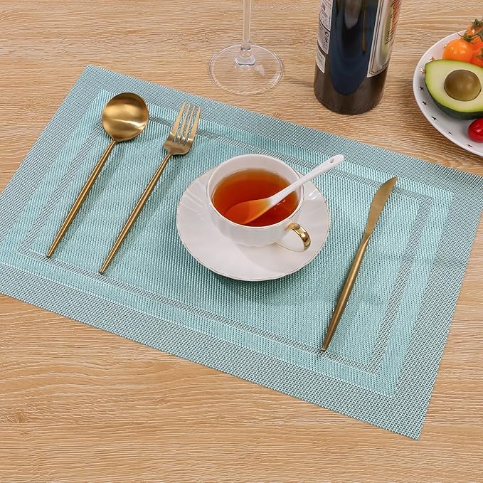 SHACOS Woven Vinyl Placemats Set of 4 Wipe Clean Place Mats for Dining Table Heat Resistant PVC Weave Table Mats Indoor Outdoor (4, Frame Light Turquoise)