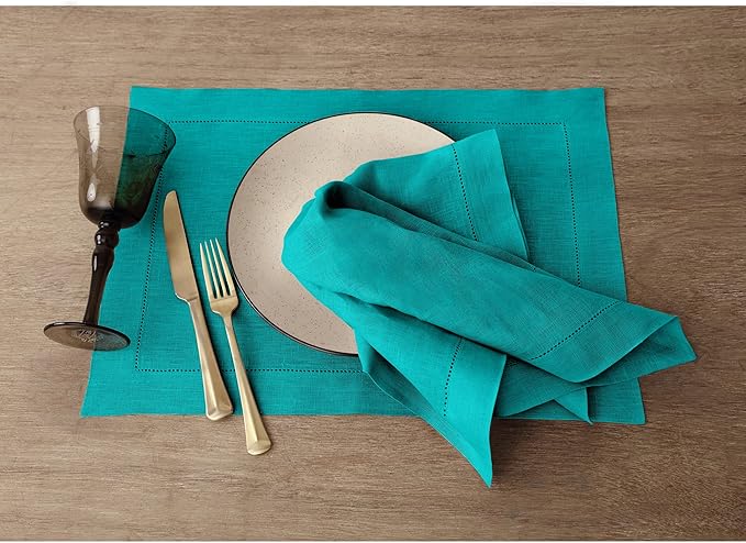 Solino Home Linen Placemats Set of 4 - Classic Hemstitch Teal Placemats 14 x 19 Inch - 100% Pure Linen Table Mats for Fall, Autumn, Thanksgiving, Christmas