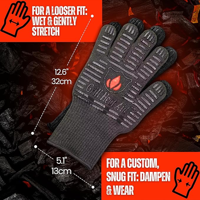 GRILL HEAT AID BBQ Grill Gloves 1472°F - Extreme Heat Resistant Oven Mitts for Grilling, Smoker & Fire Pit with Silicone Grip & EN407 Cut Resistance - Mid Cuff, Black