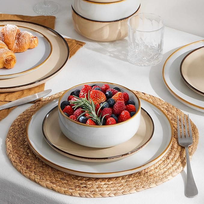 Herogo 12 Pieces Stoneware Dinnerware Dishes Set for 4, Kitchen Dining Plates and Bowls Sets, Double Reactive Glaze, Microwave & Dishwasher Safe, Scratch Resistant, Ivory White & Cream Khaki
