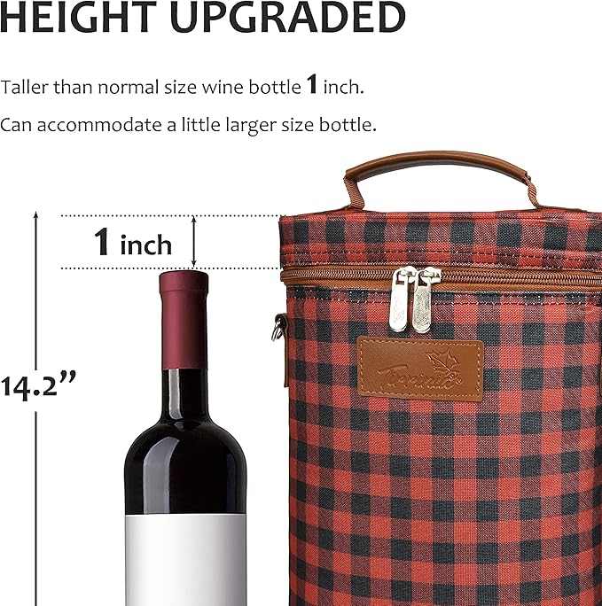 Tirrinia 2 Bottle Wine Gift Tote Carrier - Leakproof & Insulated Padded Versatile Cooler Bag for Travel, BYOB Restaurant, Tasting, Party, Dinner - Gift for Lovers, Red Checker