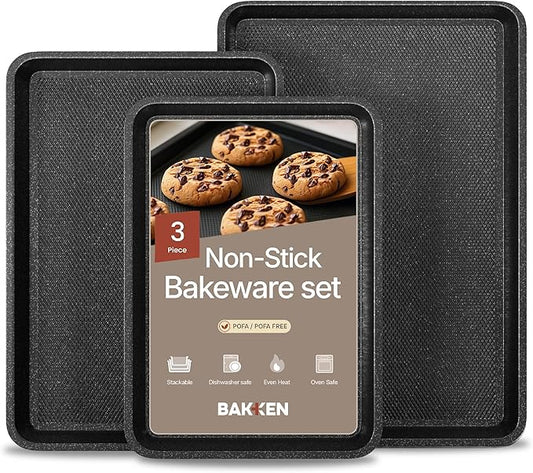 BAKKEN Kitchen Baking Pans - Small, Medium, and Large Cookie Pan (13.58×9.65, 15.75×11, 17.91×12.60), Nonstick, Diamond Texture Bottom, PFOA, PFOS, PTFE Free, Oven Safe (450°F), Pack of 3, Gray Marble