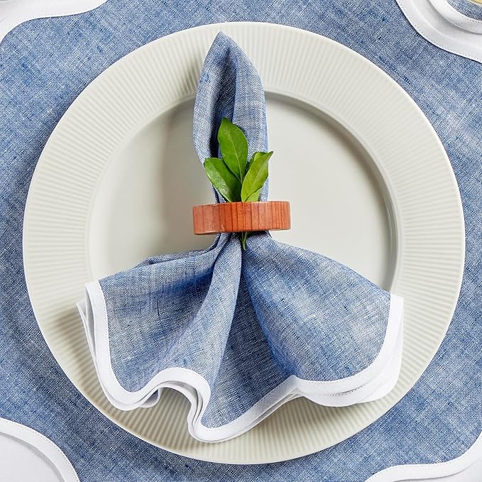 Solino Home Linen Scallop Cloth Napkins Set of 4-100% Pure Linen White and Chambray Indigo Dinner Napkins 20 Inch for Fall, Autumn - Giselle Scallop Edge, Handcrafted and Machine Washable