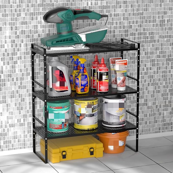 Redrubbit Expandable Cabinet Storage Shelf, Adjustable Height Steel Metal Kitchen Counter Organizers Shelves Spice Rack for Kitchen Pantry Bathroom Cupboard Desk Home Office, Black-3 Pack