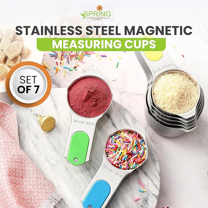 Spring Chef Magnetic Stainless Steel Measuring Cups, Patented, Kitchen Tools with Easy to Read Markings for Measuring Dry or Liquid Ingredients, Set of 7, Neon