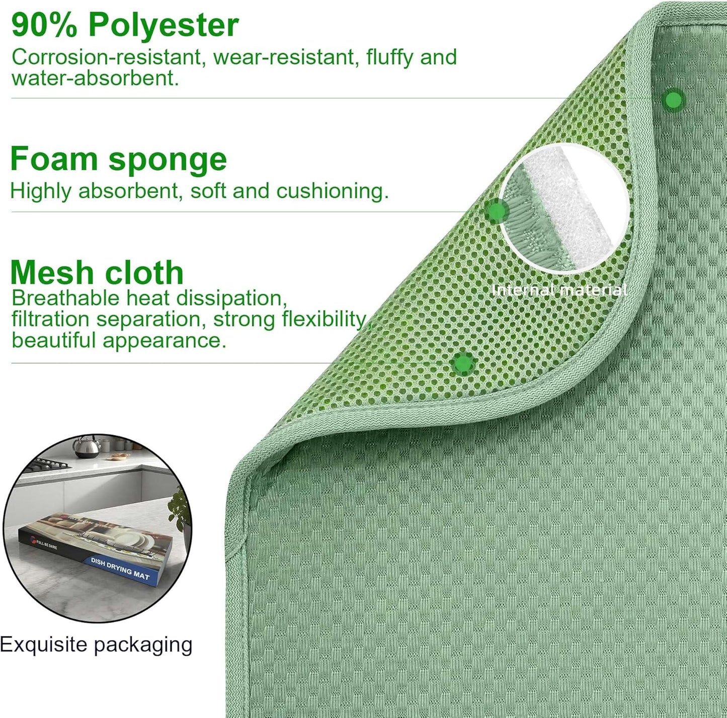 Sage Green Dish Dryer Mat, Dish Drying Mats For Kitchen Counter, Large Dish Drying Pad for Kitchen Counter, Microfiber Dish Drying Mat, for Sinks, Drainer Mats, 20 x 15 inches (Green)