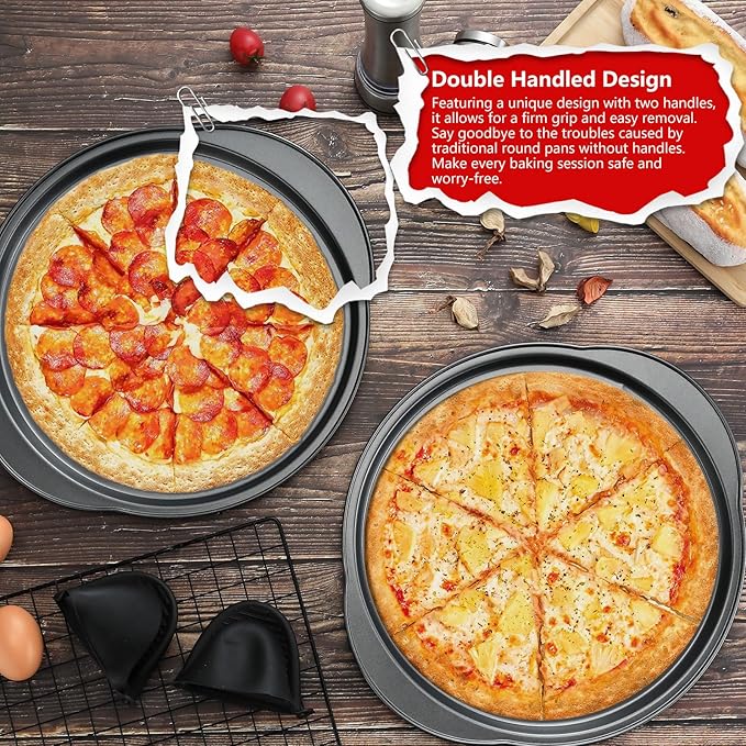 Pizza Pan for Oven - 13" Round Pizza Pans with Holes(2 Pack), Non-stick Carbon Steel Pizza Trays with Handle, Easy to Clean & Oven Safe