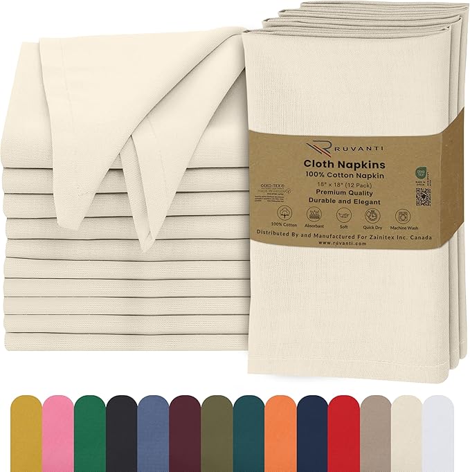 Ruvanti Cloth Napkins Set of 12, 18x18 Inches, 100% Cotton, Washable, Soft & Absorbent, Perfect for Wedding, Christmas, ‎Thanksgiving Dinners - Antique White