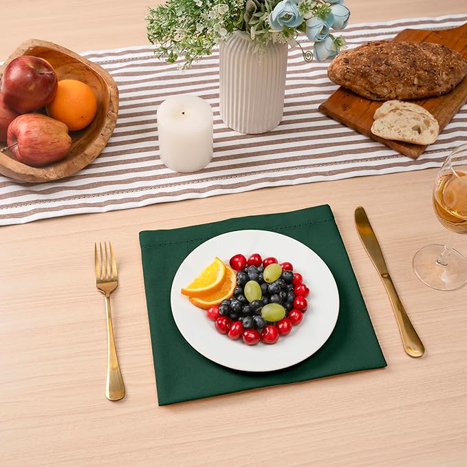 Blue Needles Set of 12 Hemstitch Linen Napkins 100% Cotton Forest Green Cloth Dinner Napkins 18x18 inches - Soft, Reusable and Washable Spring Summer Napkins, Ideal for Events, Parties & Everyday Use