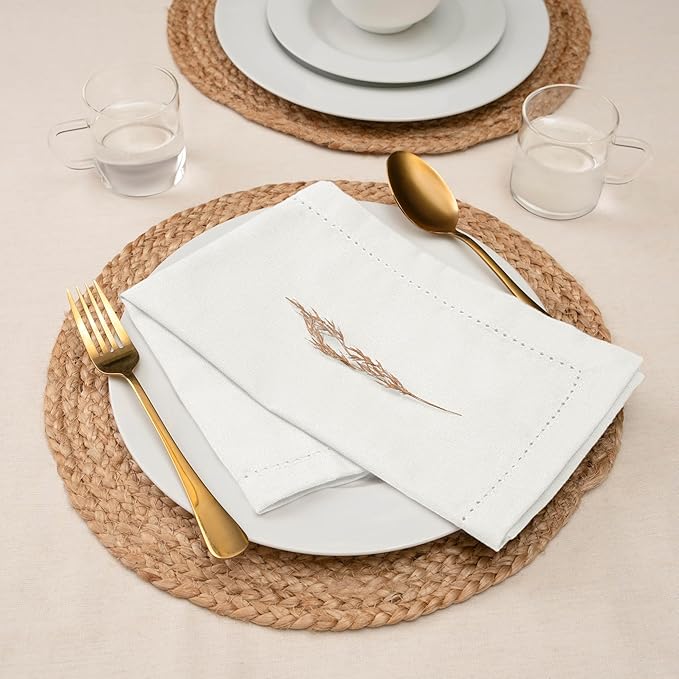 Blue Needles Set of 12 Hemstitch Linen Napkins 100% Cotton White Cloth Dinner Napkins 18x18 inches, Soft, Reusable, Absorbent, Washable, Ideal for Fall Thanksgiving Events, Parties & Everyday Use