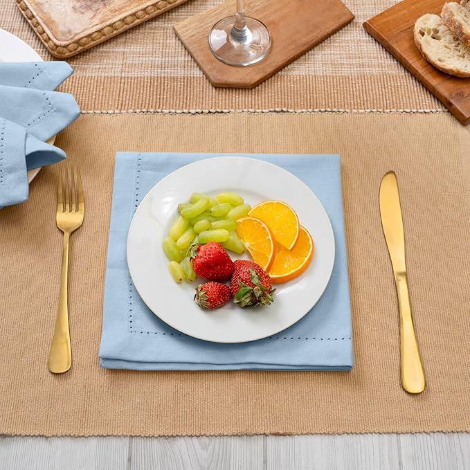 Blue Needles Set of 12 Hemstitch Linen Napkins 100% Cotton Ice Blue Cloth Dinner Napkins 18x18 inches, Soft, Reusable, Absorbent, Washable, Ideal for Fall Thanksgiving Events, Parties & Everyday Use