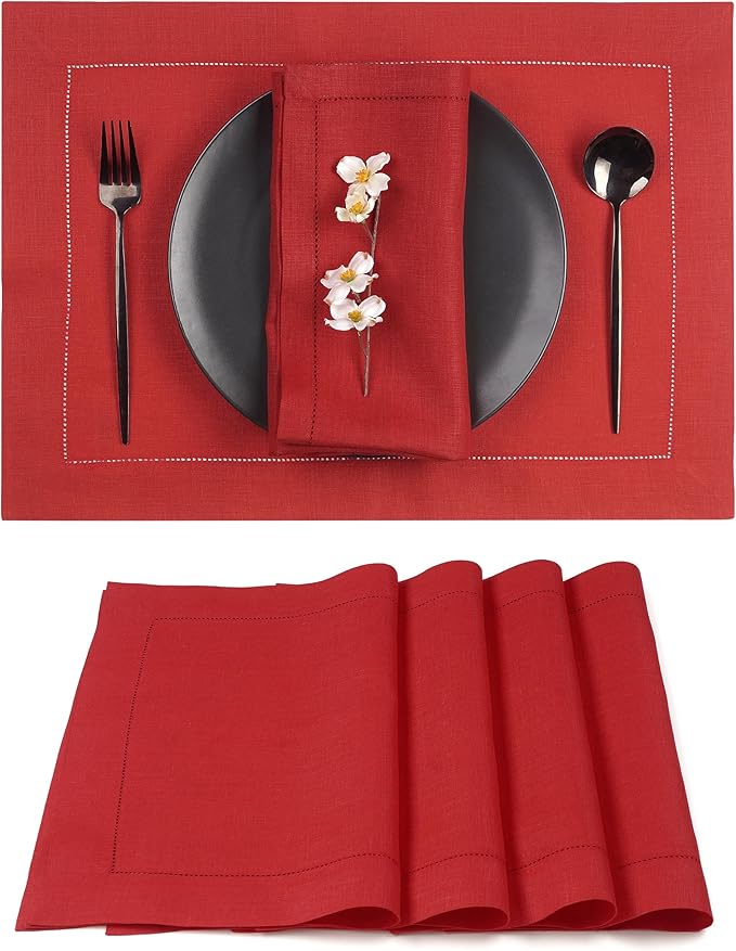 D'Moksha Homes Linen Placemats Set of 8 - Classic Hemstitch Bright Red Placemats 14 x 19 Inch - 100% Pure Linen Table Mats for Fall, Thanksgiving, Christmas, Holiday - Handcrafted and Machine Washable