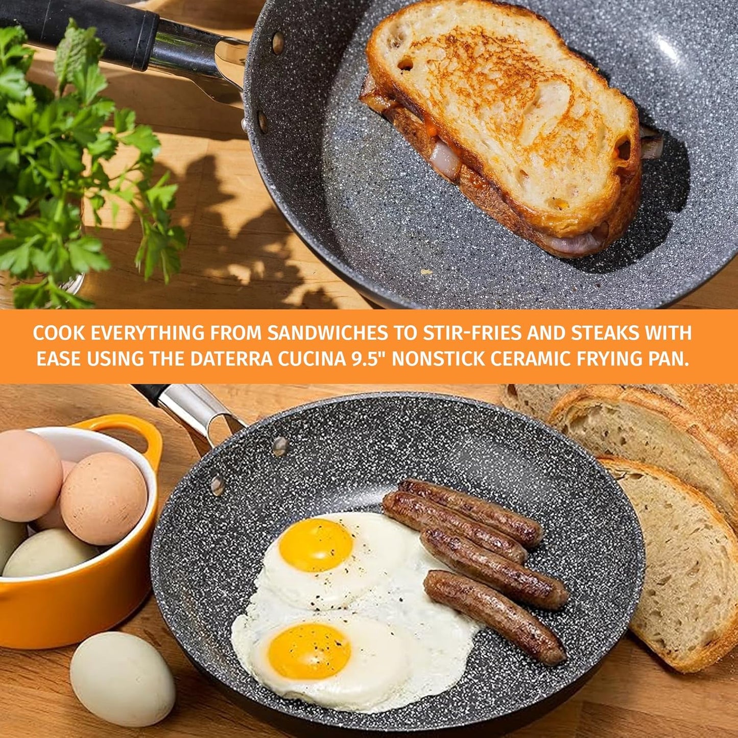 DaTerra Cucina - 9.5" Nonstick Ceramic Frying Pan - Made in Italy - Oven & Induction Safe - High Heat Resistant Nonstick Cookware - Dishwasher Safe - Volcanic Black Speckled