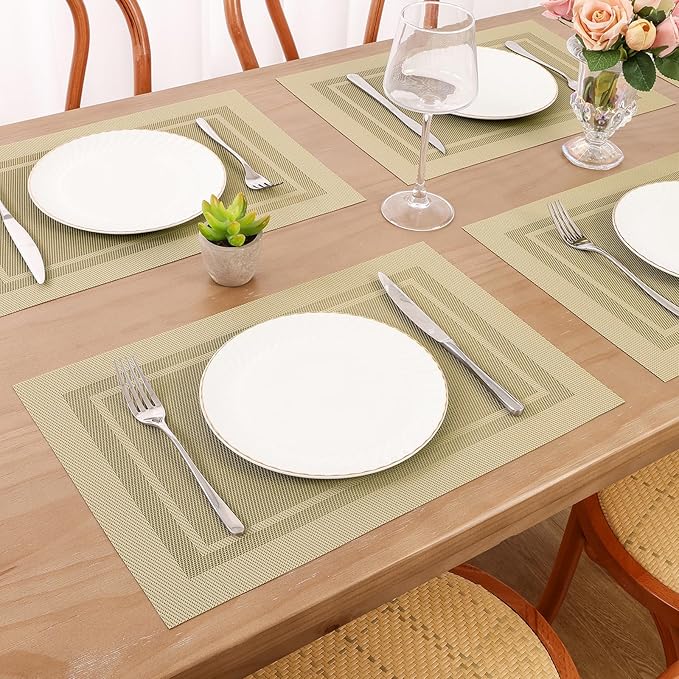SHACOS Woven Plastic Placemats Set of 4 Wipe Clean Heat Resistant Place Mats for Dining Table PVC Weave Table Mats Indoor Outdoor (4, Frame Beige)