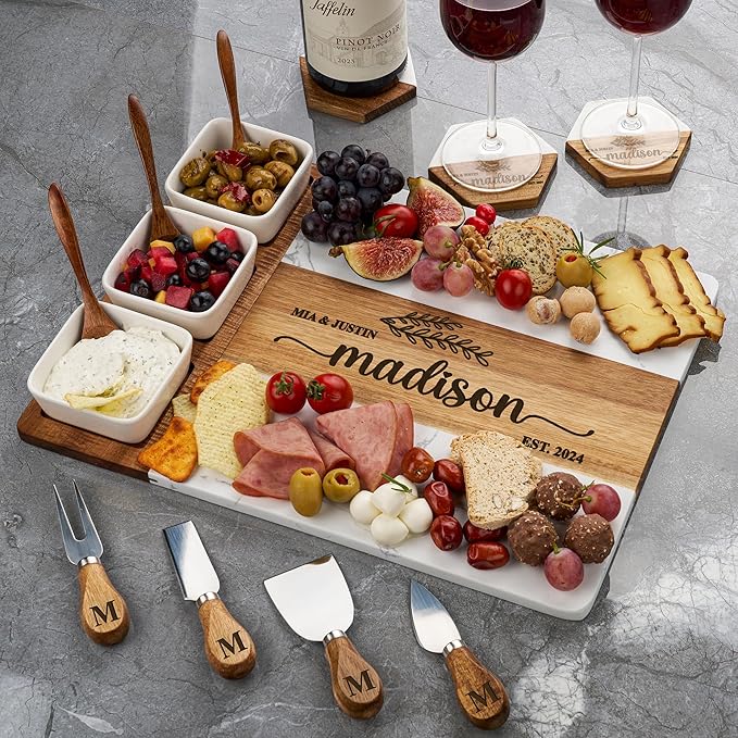 AWESOMETIK Personalized Marble & Acacia Wood Cheese Board – Custom Engraved Charcuterie Board with Knife Set – Gift for Couples