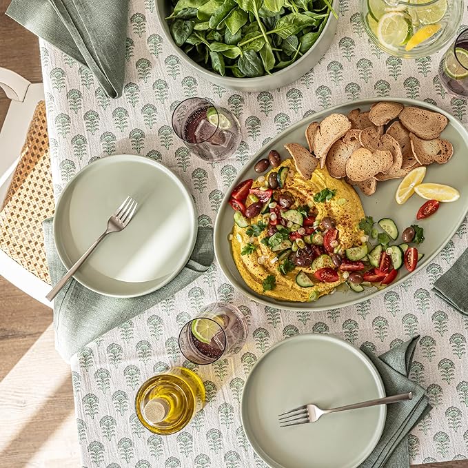 over&back Hand-Screened Tablecloth - Dining Table Cover - Each Tablecloth is Unique - 100% Cotton - Machine Washable - Kitchen and Home Decor - Green Flower - 70x90