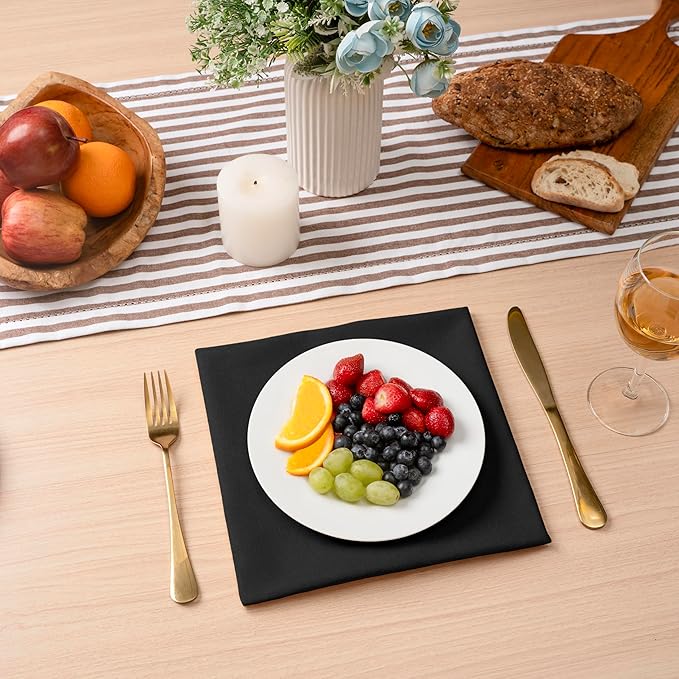 Blue Needles Solid Cloth Napkins Set of 12 Black 100% Cotton Dinner Napkins 18x18 inches - Soft, Reusable, Absorbent & Washable Fall Thanksgiving Linen, Ideal for Events, Parties & Everyday Use