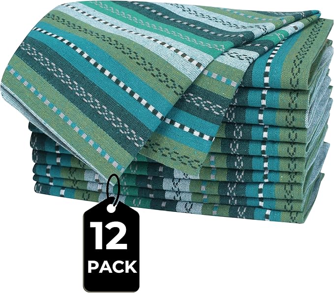 Bedding Craft Cotton Cloth Dinner Napkins Set of 12 – 18x18 Green Multi Salsa Stripe – Durable Machine Washable Fabric Napkins for Weddings, Restaurants, Kitchen & Everyday Dining