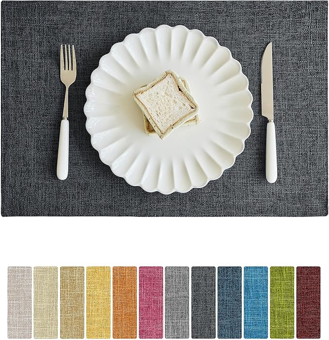 Softalker Faux Linen Placemats Set of 4-12 x 18 Inch, Heat Resistant Double Layered Durable Burlap Farmhouse Place Mats, Non-Slip Washable Rustic Table Mats for Dining, Kitchen, Party（Dark Grey