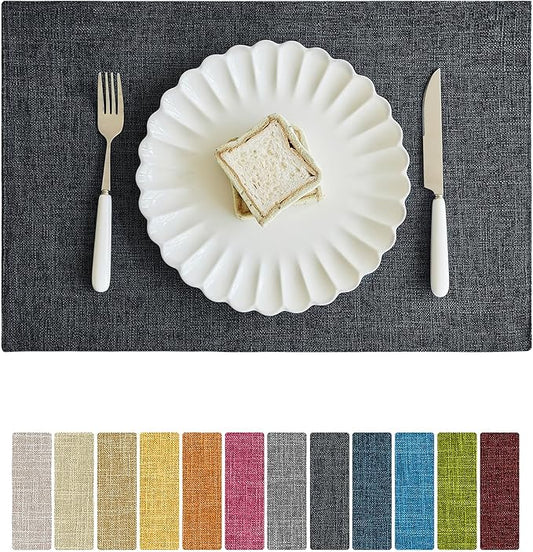 Softalker Faux Linen Placemats Set of 6-12 x 18 Inch, Heat Resistant Double Layered Durable Burlap Farmhouse Place Mats, Non-Slip Washable Rustic Table Mats for Dining, Kitchen, Party（Dark Grey