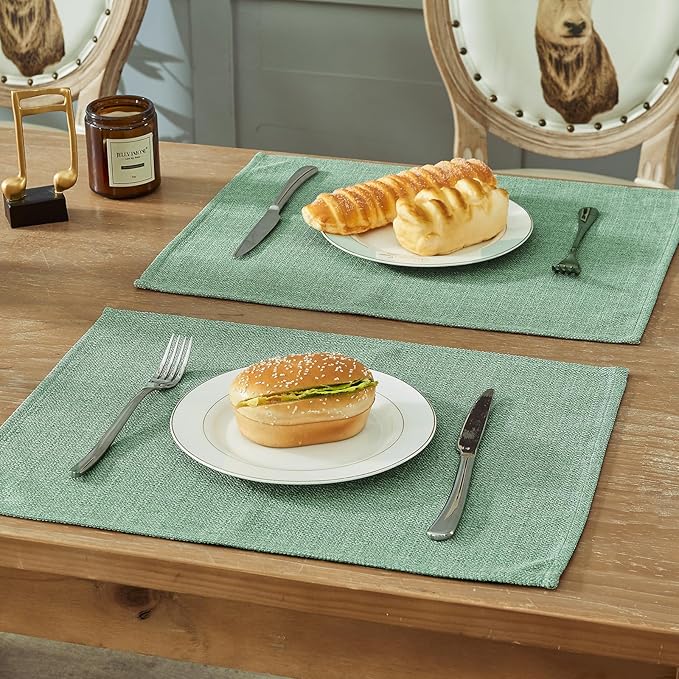BALCONY & FALCON Placemats Set of 4 Faux Linen Cloth Place Mats Washable Waterproof Wrinkle Resistant Table Placemats for Dining Kitchen Farmhouse Indoor & Outdoor Use(Celadon Green, 13.8”x 17.7”