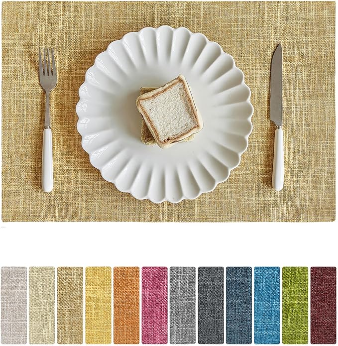 Softalker Faux Linen Placemats Set of 8-12 x 18 Inch, Heat Resistant Double Layered Durable Burlap Farmhouse Place Mats, Non-Slip Washable Rustic Table Mats for Dining, Kitchen, Party（Khaki