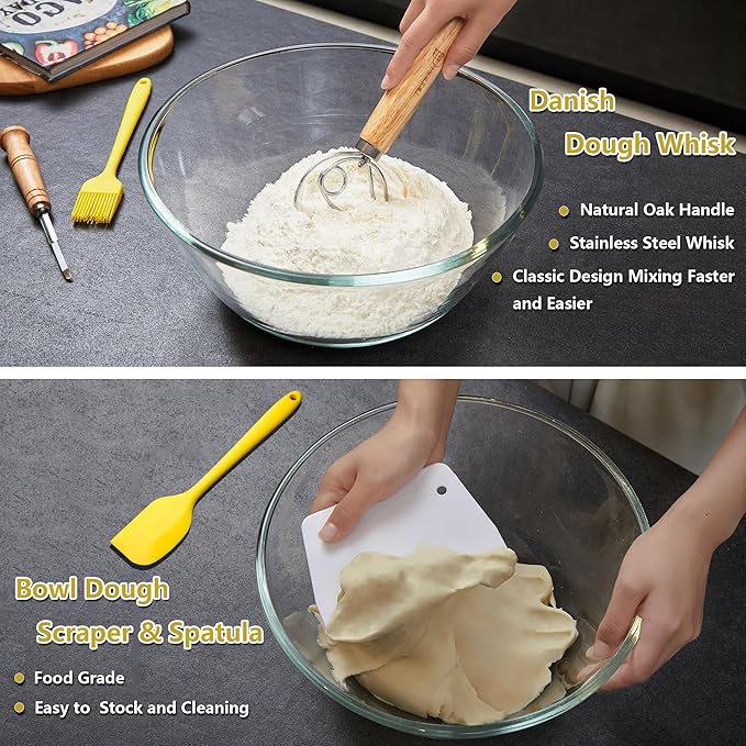 Sourdough Bread Baking Set, 10 Inch Oval & 9 Inch Round Banneton Bread Proofing Baskets with Linen Liner, Silicone Bread Sling, Danish Dough Whisk, Dough Scraper Kit, Silicone Brush & Spatula