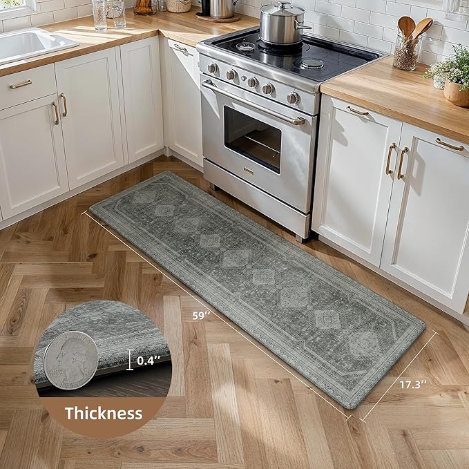 GENIMO Kitchen Mats for Floor, Washable Anti Fatigue Mat for Cushioned, 17.3"x59", Waterproof Kitchen Rugs, Non Slip Foam Comfort Standing Mat Rug for Home, Runner, Sink, Laundry, Grey