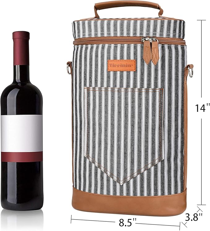 Tirrinia 2 Bottle Wine Gift Tote Carrier - Leakproof & Insulated Padded Versatile Wine Cooler Bag for Travel, BYOB Restaurant, Wine Tasting, Party, Dinner,Gift for Wine Lovers, Black Stripe
