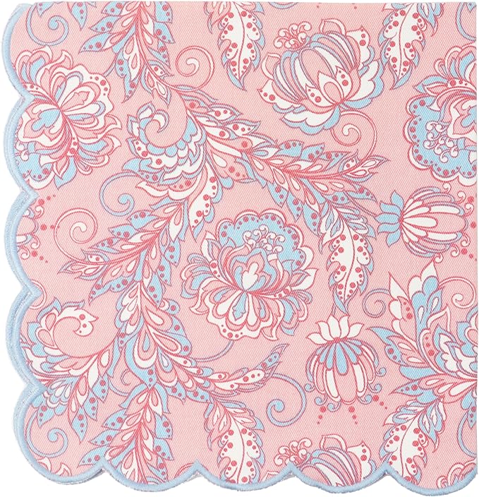 PurpleEssences Scalloped Embroidery Kalamkari Cloth Napkins Christmas Holiday Winter Table Decor 100% Cotton Set of 4-18 x 18 inch - Blush Pink Edges Light Blue