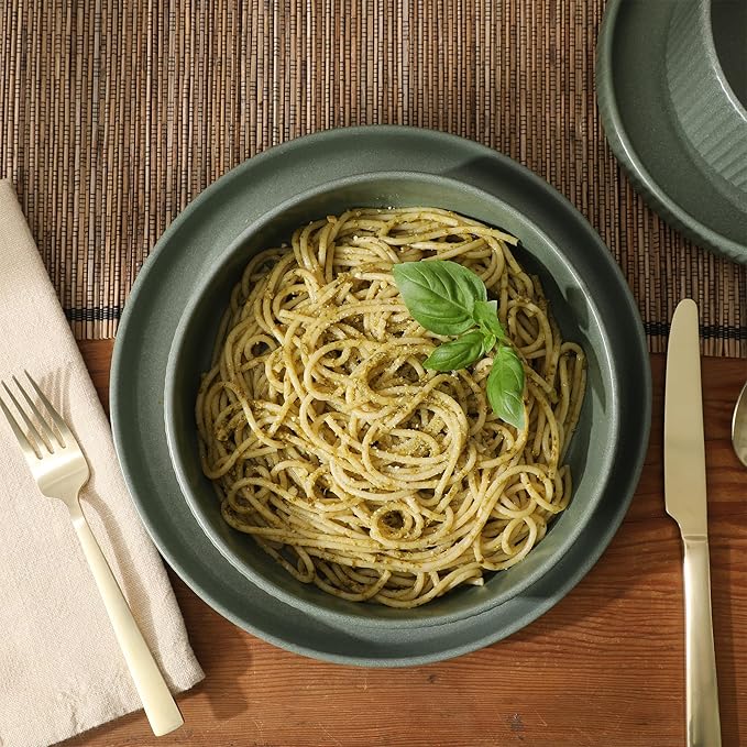 Gibson Elite Deerfield 16-Piece Stoneware Dinnerware Set – Matte Green Stackable Plates and Bowls, Reactive Glaze Finish, Service for 4 – Microwave & Dishwasher Safe