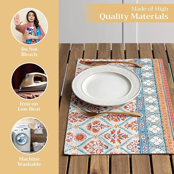 Maison d' Hermine Placemats Set of 4 100% Cotton Washable Cloth Place Mats, Reusable Table Mats for Thanksgiving Christmas Decorations Kitchen Dining Party Wedding Restaurant (Romane, 13" x 19")