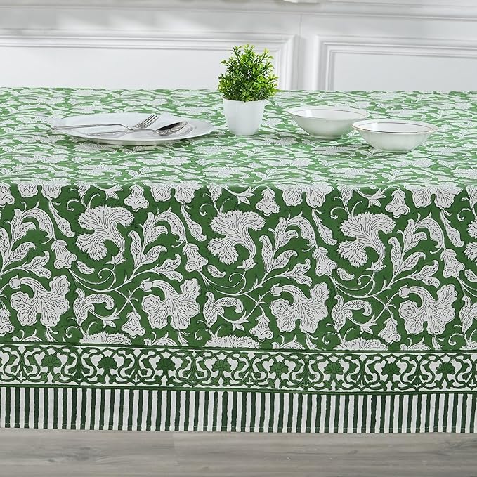 Ridhi Pantone Artichoke Hand Block Print Cotton Rectangle Tablecloth 190 x 72 inch-Reusable Table Cover Decorative Everyday Use for Dining Room, Farmhouse, Thanksgiving, Christmas Wedding, Fall